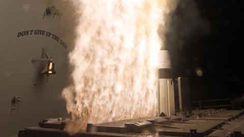 A Standard Missile-3 (SM-3) Block 1A interceptor is launched from the guided-missile cruiser USS Lake Erie (CG 70) during a Missile Defense Agency and U.S. Navy test in the Pacific Ocean. The SM-3 Block 1A successfully intercepted a target missile that had been launched from the Pacific Missile Range Facility, Barking Sands, Kauai, Hawaii. (U.S. Navy photo/Released)