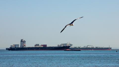 An oil tanker and a cargo ship are seen anchored off the coast of Long Beach, California, on April 24, 2020. - According to a news release issued by the United States Coast Guard, there were 27 tankers off the Southern California coast as of April 23 afternoon. Companies are using the tankers to store excess supplies of crude oil due to lack of demand during the novel coronavirus pandemic, US media reported. (Photo by Apu GOMES / AFP) (Photo by APU GOMES/AFP via Getty Images)