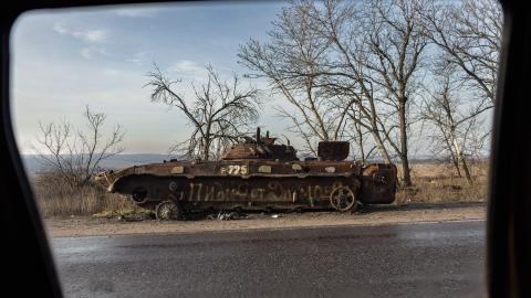 Destroyed Russian BMP infantry fighting vehicle in Donetsk, Ukraine, on January 2, 2023. (Sameer al-Doumy/AFP via Getty Images)