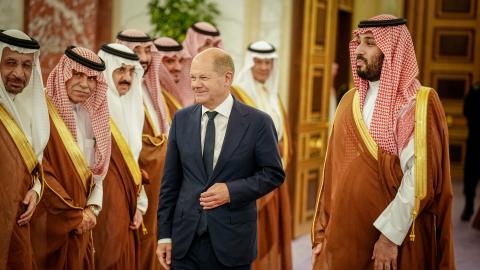 German Chancellor Olaf Scholz and Crown Prince of Saudi Arabia Mohammed bin Salman at Al Salam Palace in Saudi Arabia on September 24, 2022. (Kay Nietfeld/Picture Alliance via Getty Images)