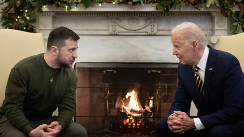 President Volodymyr Zelenskyy meets with Joe Biden in the Oval Office on December 21, 2022. (Brendan Smialowski/AFP via Getty Images)