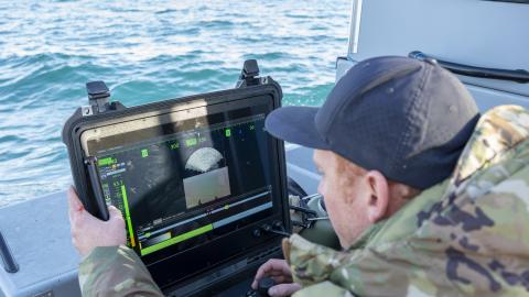 ATLANTIC OCEAN (Feb. 7, 2023) A Sailor assigned to Explosive Ordnance Disposal Group 2 conducts a search for debris with an underwater vehicle during recovery efforts of a high-altitude balloon in the Atlantic Ocean, Feb. 7, 2023. At the direction of the President of the United States and with the full support of the Government of Canada, U.S. fighter aircraft under U.S. Northern Command authority engaged and brought down a high altitude surveillance balloon within sovereign U.S. airspace and over U.S. terr