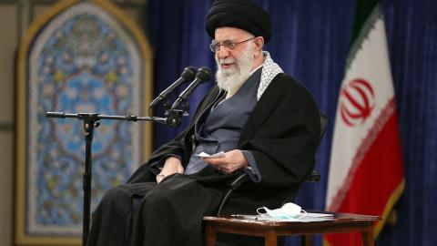 Iranian Supreme Leader Ali Khamenei speaks as part of the forty-fourth anniversary events of the Iranian Revolution in Tehran, Iran on February 8, 2023. (Iranian Leader Press Office/Handout/Anadolu Agency via Getty Images)