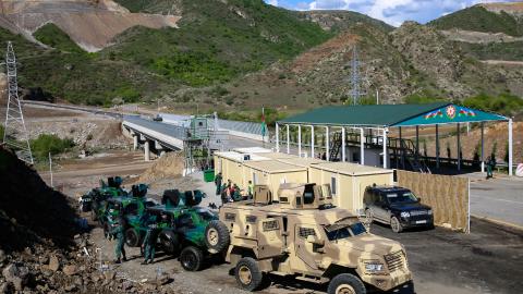 An Azerbaijani checkpoint at the entry of the Lachin corridor, the Karabakh region's only land link with Armenia, on May 2, 2023. (Tofik Babayev/AFP via Getty Images)