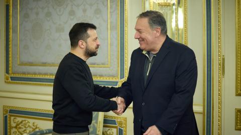 Former US Secretary of State Mike Pompeo and Ukrainian President Volodymyr Zelenskyy shake hands in Kyiv, Ukraine, on April 4, 2023. (Ukrainian Presidency / Handout/Anadolu Agency via Getty Images)