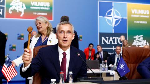 Presidential Palace showing the blue and yellow of the Ukrainian flag as well as banners for the upcoming NATO summit on July 9, 2023, in Vilnius, Lithuania. (Sean Gallup via Getty Images)