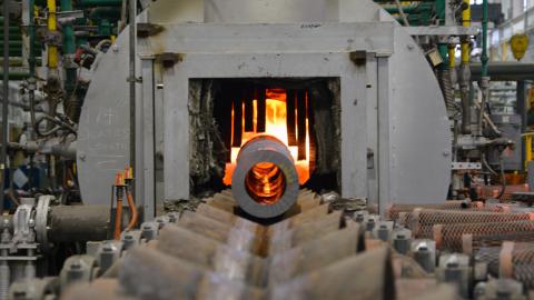 A 155 mm artillery tube enters a heat treatment furnace at Watervliet Arsenal in New York. (John B. Snyder via DVIDS)