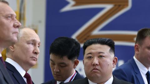 Russian President Vladimir Putin and North Korea's leader Kim Jong Un visiting the Vostochny Cosmodrome in Amur region on September 13, 2023. (Vladimir Smirnov/POOL/AFP via Getty Images) 