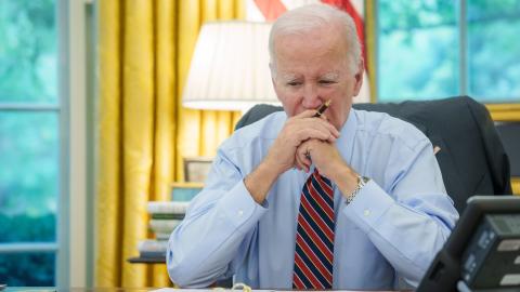 President Joe Biden participates in a phone call with Quint leaders Emmanuel Macron of France, Prime Minister Giorgia Meloni of Italy, Chancellor Olaf Scholz of Germany, and United Kingdom Prime Minister Rishi Sunak on October 9, 2023, in the Oval Office of the White House. (Adam Schultz via Flickr)