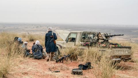 Militants of The Movement for the Salvation of Azawad stand on a dune in the deserted area of the Meneka region in Mali during an anti jihadist patrol on February 4, 2018. (Souleymane Ag Anara/AFP via Getty Images)