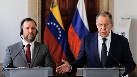 Russian Foreign Minister Sergei Lavrov speaks next to Venezuelan Foreign Minister Yvan Gil during a news conference at the Foreign Ministry in Caracas, Venezuela, on April 18, 2023. (Getty Images)