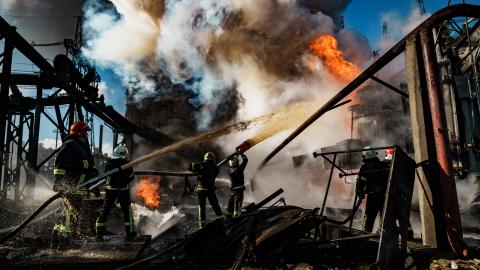 Firefighters work to put out a fire at CHP power station after it was hit by Russian missile on October 10, 2022, in Kyiv, Ukraine. (Photo by Serhii Mykhalchuk/Global Images Ukraine via Getty Images)