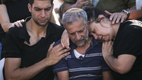 Family and friends attend the funeral of an Israeli soldier who was killed in the Gaza war on November 8, 2023. (Amir Levy via Getty Images)