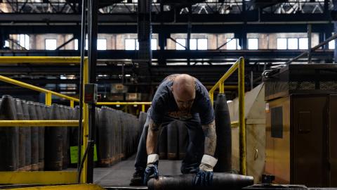 155mm artillery shells in the production shop at the Scranton Army Ammunition Plant on April 12, 2023, in Scranton, Pennsylvania. (Hannah Beier via Getty Images)