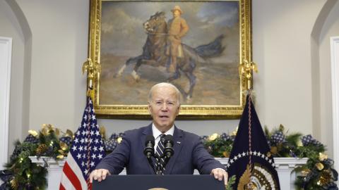 US President Joe Biden delivers a statement urging Congress to pass his national security supplemental from the Roosevelt Room at the White House on December 6, 2023, in Washington, DC. (Anna Moneymaker via Getty Images)