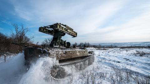 A Ukrainian anti-aircraft vehicle drives towards a firing position at the Bakhmut frontline in Donetsk Oblast, Ukraine, on January 13, 2024. (Ignacio Marin/Anadolu via Getty Images)