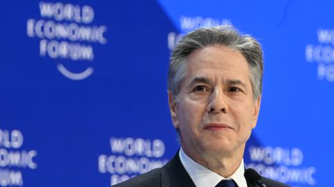 US Secretary of State Antony Blinken speaks during the World Economic Forum (WEF) in Davos, Switzerland, on January 17, 2024. (Photo by Halil Sagirkaya/Anadolu via Getty Images)