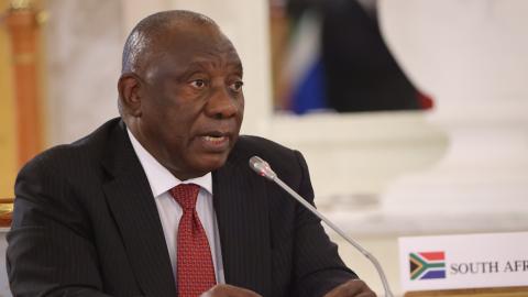 South African President Cyril Ramaphosa speaks during a meeting of African leaders with Russian President at the Konstantin Palace in Strelna on June 17, 2023 in Saint Petersburg, Russia. (Contributor via Getty Images)