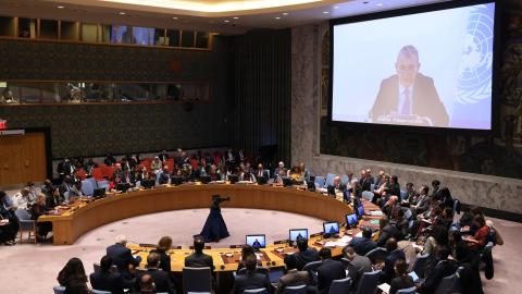 Members of the Security Council listen as Commissioner-General of the UN Relief and Works Agency for Palestine Refugees Philippe Lazzarini speaks during a meeting on the Israel-Hamas war at United Nations headquarters on October 30, 2023, in New York City. (Michael M. Santiago via Getty Images)