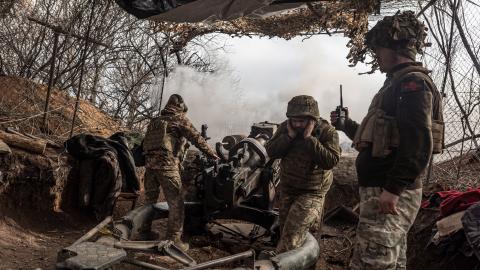 Ukrainian soldiers fire the L119 artillery in the direction of Marinka, Ukraine, on February 23, 2024. (Photo by Diego Herrera Carcedo/Anadolu via Getty Images)