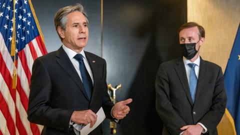 Secretary of State Antony J. Blinken and National Security Advisor Jake Sullivan deliver statements to the press following their meetings with Chinese officials, in Anchorage, Alaska, on March 19, 2021. (Photo by Ron Przysucha)