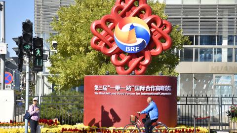  Citizens walk past a decorative installation for the third Belt and Road Forum for International Cooperation on October 14, 2023, in Beijing, China. (Photo by VCG/VCG via Getty Images)