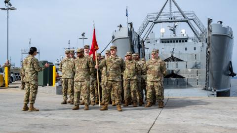 Soldiers assigned to USAV M.G. Charles P. Gross stand at parade rest during a ceremony prior to deploying from Joint Base Langley-Eustis in Virginia on April 1, 2024. (US Air Force photo by Zulema Sotelo)