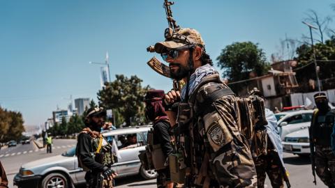 Members of the Taliban gather to commemorate the one year anniversary of the United States withdrawal from Afghanistan in Kabul on August 21, 2022. (Marcus Yam via Getty Images)