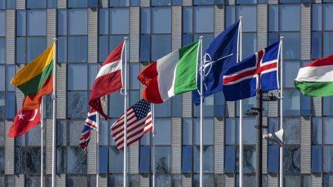 North Atlantic Treaty Organization (NATO) flags fly in Brussels, Belgium on April 4, 2023. (Photo by Nicolas Economou/NurPhoto via Getty Images)