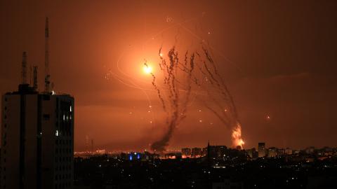 The Iron Dome intercepts a salvo of rockets fired from Gaza over Netivot in southern Israel on October 8, 2023. (Photo by Mahmud Hams/AFP via Getty Images)