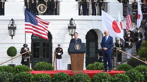 President Joe Biden and Japanese Prime Minister Fumio Kishida attend  at the White House on April 10, 2024, in Washington, DC. (Photo by Chen Mengtong/China News Service/VCG via Getty Images)