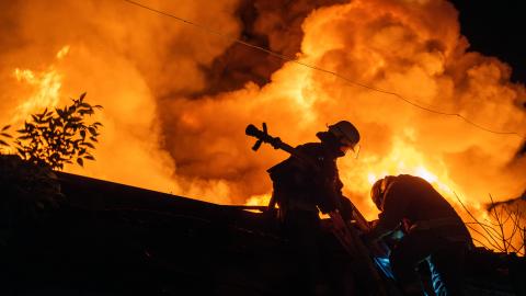 Firefighters work on the site of a fire on May 4, 2024, in Kharkiv, Ukraine. (Photo by Viacheslav Mavrychev/Suspilne Ukraine/JSC "UA:PBC"/Global Images Ukraine via Getty Images)