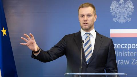 Gabrielius Landsbergis speaks during a press conference in Warsaw, Poland, on March 20, 2024. (Photo by Foto Olimpik/NurPhoto via Getty Images)