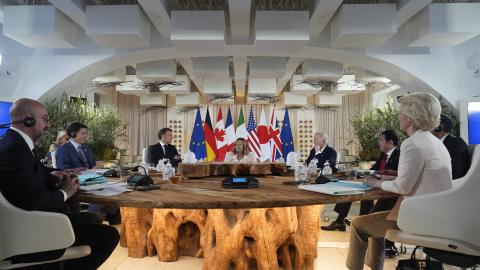 Charles Michel, Olaf Scholz, Justin Trudeau, Emmanuel Macron, Giorgia Meloni, Joe Biden, Fumio Kishida, Rishi Sunak, and Ursula von der Leyen attend a work session on June 13, 2024, in Savelletri, Italy. (Photo by Alex Brandon/AFP via Getty Images)