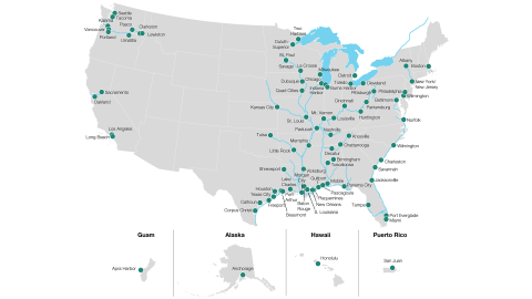 Notes: Blue lines represent select US marine highways and other waterways. Non-contiguous states and territories are not shown to scale.  Source: Adapted from US Port and Inland Waterways Modernization: Preparing for Post-Panamax Vessels (Alexandria, VA: US Army Corps of Engineers Institute for Water Resources, 2012). Map, inland waterways, canals, transit, cargo, shipping, shipbuilding, river, rivers, barge.