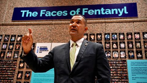 Ray Donovan, chief of operations of the Drug Enforcement Administration (DEA), stands in front of "The Faces of Fentanyl" wall in Arlington, Virginia, on July 13, 2022.  (Agnes Bun/AFP via Getty Images)