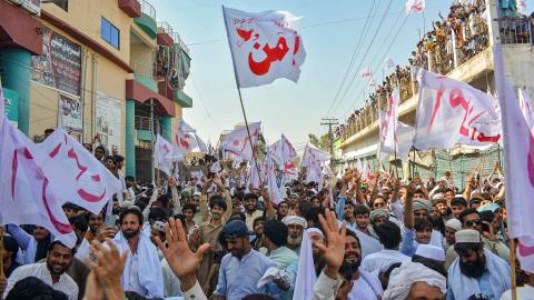 Residents protest the recent suicide attack by militants on an army enclave in Bannu, Pakistan, on July 26, 2024. (Karim Ullah/AFP via Getty Images)