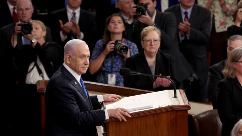 Israeli Prime Minister Benjamin Netanyahu addresses a joint meeting of Congress on July 24, 2024, in Washington, DC. (Justin Sullivan via Getty Images)