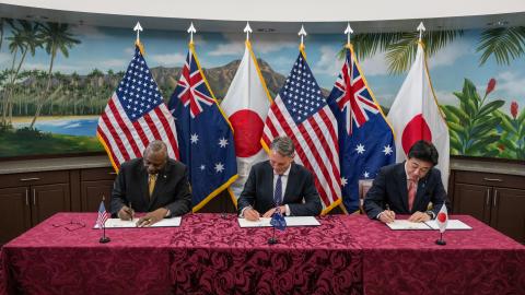 U.S. Secretary of Defense Lloyd Austin III, Australian Deputy Prime Minister and Minister for Defence Richard Marles, Japanese Minister of Defense Kihara Minoru convened a Trilateral Defense Ministerial Meeting at U.S. Indo-Pacific Command headquarters, Camp H.M. Smith, Hawaii, May 2, 2024. 