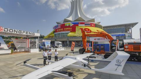 China Aerospace Science and Technology Corporation displays a medium-range composite wing unmanned aerial vehicle at the Nineteenth ASEAN Expo in Nanning, China, on September 18, 2022. (CFOTO/ Future Publishing via Getty Images)