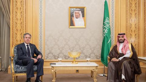 US Secretary of State Antony Blinken meets with Saudi Arabian Crown Prince Mohammed Bin Salman during his visit in Riyadh, Saudi Arabia, on April 29, 2024. (Bandar Al-Jaloud/Saudi Royal Court/Anadolu via Getty Images)