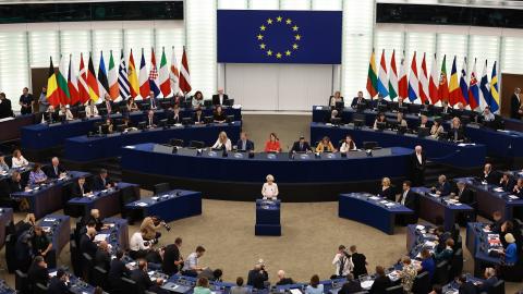 Ursula von der Leyen during the plenary session of the European Parliament on July 18, 2024, in Strasbourg, France. (Johannes Simon via Getty Images)