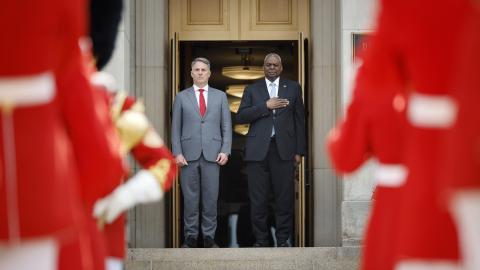 Lloyd Austin and Richard Marles shown before the Australia-United States Ministerial Consultations on August 5, 2024, in Arlington, Virginia. (Chip Somodevilla via Getty Images)