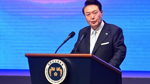 South Korea's President Yoon Suk Yeol speaks in Seoul, South Korea, on August 15, 2024. (Kim Min-Hee/AFP via Getty Images)