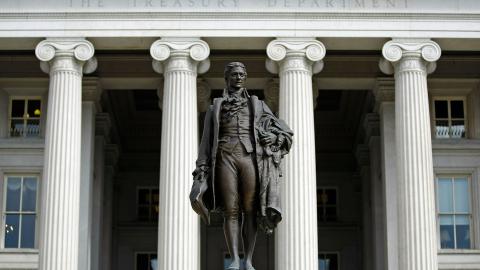  A statue of the first United States Secretary of the Treasury Alexander Hamilton stands in front of the U.S. Treasury September 19, 2008 in Washington, DC. Treasury Secretary Henry Paulson announced that the Treasury will insure money market mutual funds as one part of a massive government bailout that is attempting to stabilize the current financial crisis. (Chip Somodevilla via Getty Images)