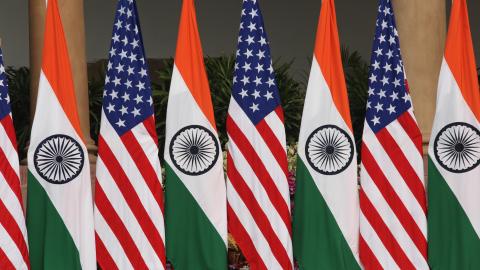 Flags on display at Hyderabad House during the India and United States of America Summit meeting on February 25, 2020. (Pallava Bagla/Corbis via Getty Images)