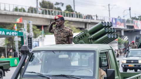 A member of the Ethiopian National Defense Force salutes during the 116th celebration of Ethiopian National Defense Force in Addis Ababa, Ethiopia, on October 26, 2023. (Photo by Amanuel Sileshi/AFP via Getty Images)