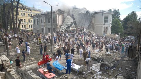 People clear rubble at a Ukrainian children's hospital which was partially destroyed by a Russian missile strike on July 8, 2024, in Kyiv, Ukraine. (Vitalii Nosach/Global Images Ukraine via Getty Images)