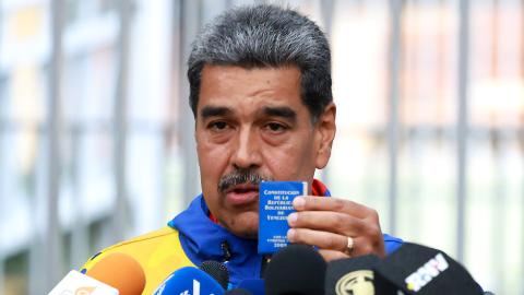 Incumbent President of Venezuela Nicolás Maduro speaks during a press conference on July 28, 2024, in Fuerte Tiuna, Caracas, Venezuela. (Jesus Vargas via Getty Images)