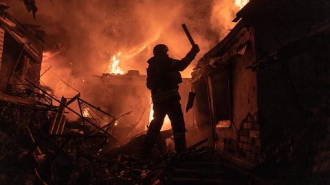 Ukrainian emergency service workers extinguish a fire after a Russian bombing in the town of Kostiantynivka, Ukraine, on September 4, 2024. (Diego Herrera Carcedo/Anadolu via Getty Images)